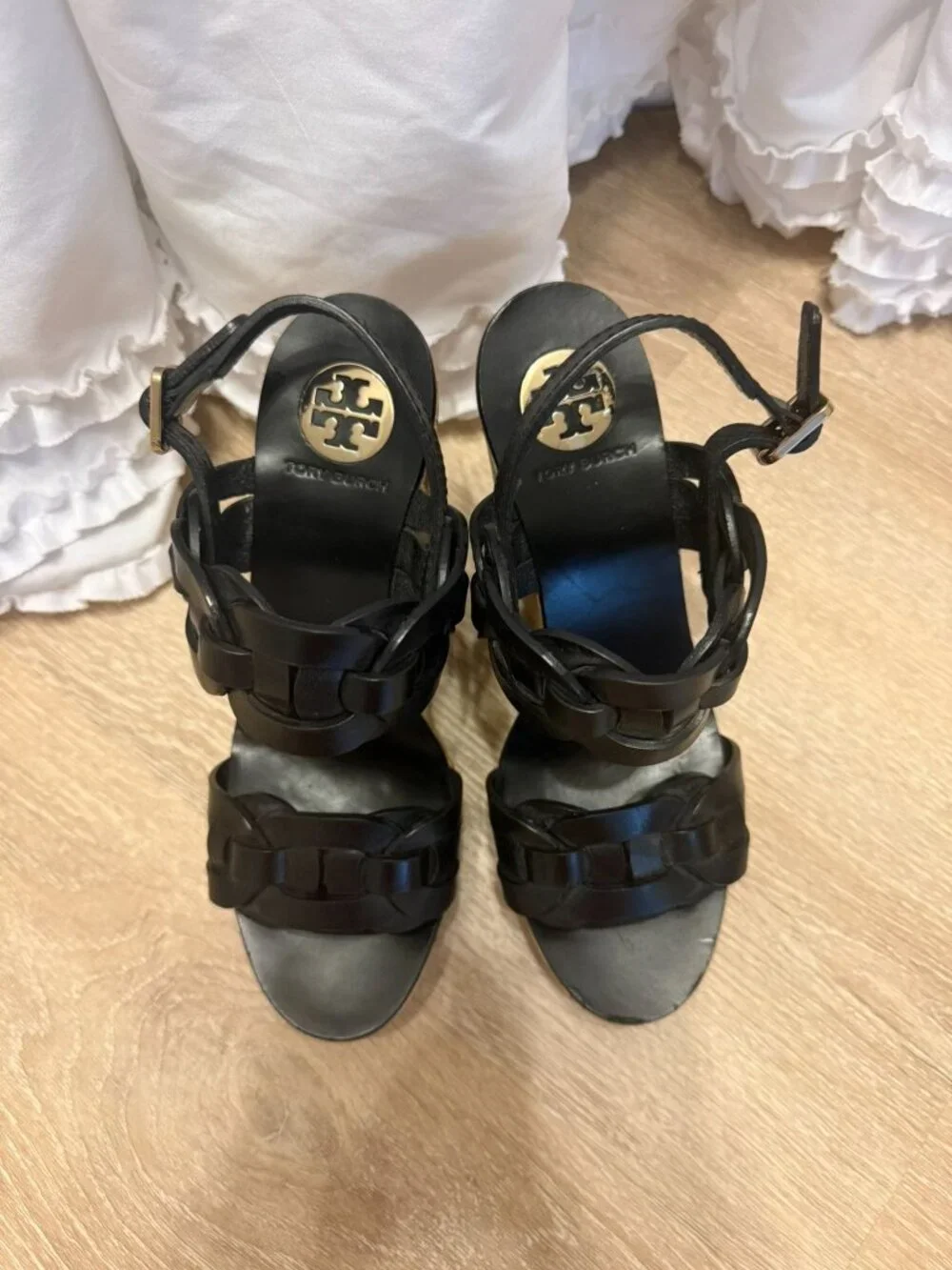 Tory Burch Black Leather Wedge Sandals Cork Heels 7.5 M